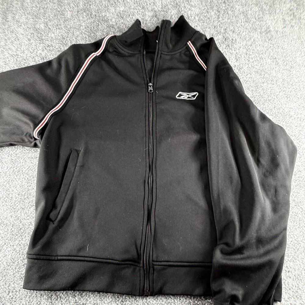 Reebok Mens XL Black Track Jacket Full Zip Red White Side Stripe Mock Neck Logo